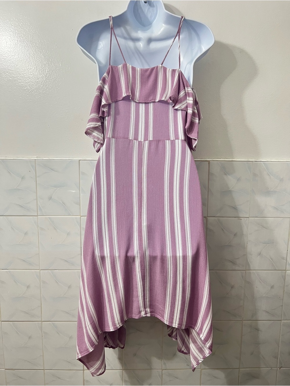 Angie Cold Shoulder Handkerchief Stripe Midi Dress M Cottage Festival Boho Beach - Picture 6 of 11
